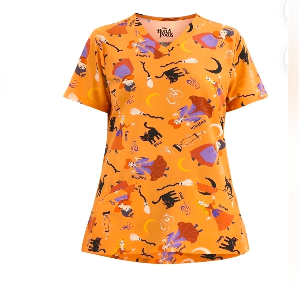 Disney NEW Hocus Pocus Halloween Scrub Top Small S Orange Sanderson Sisters